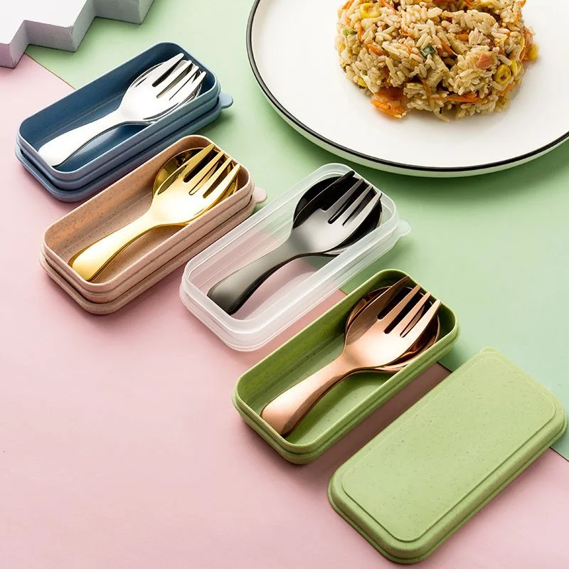 1PC 304 Stainless Steel Spoon Fork Set Gold Silve Mini Storage Case Short Handle Tableware Dessert Ice Cream Round Spoon Set ﻿