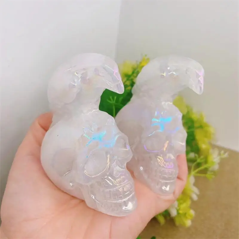 Natural Aura Crystal Quartz Crow Skull Hand Carved Animal Figurine Energy Crafts Home Decoration As Gift 1PCS