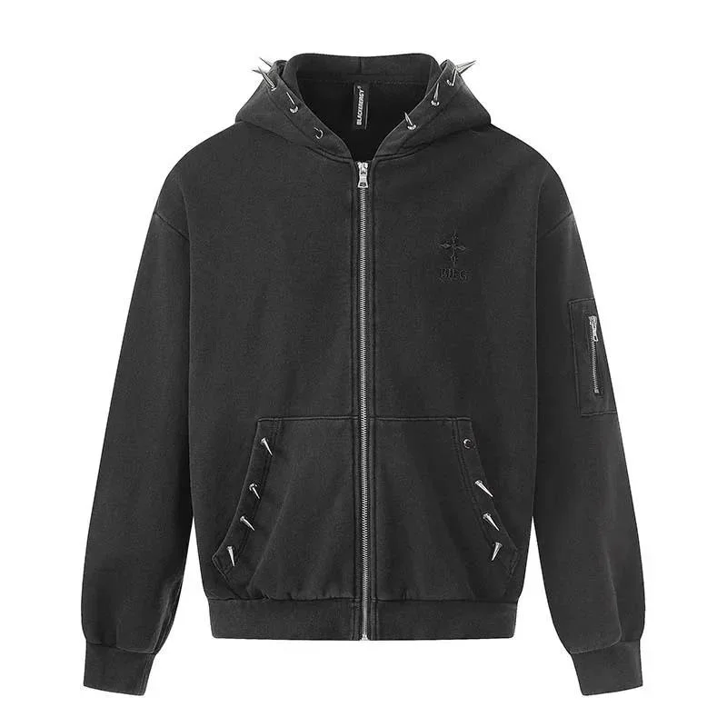 2026 Spring New High Street Men Hooded Sweatshirt American Style Rivet Decoration Washed Vintage Men's Zipper Coats SDE2