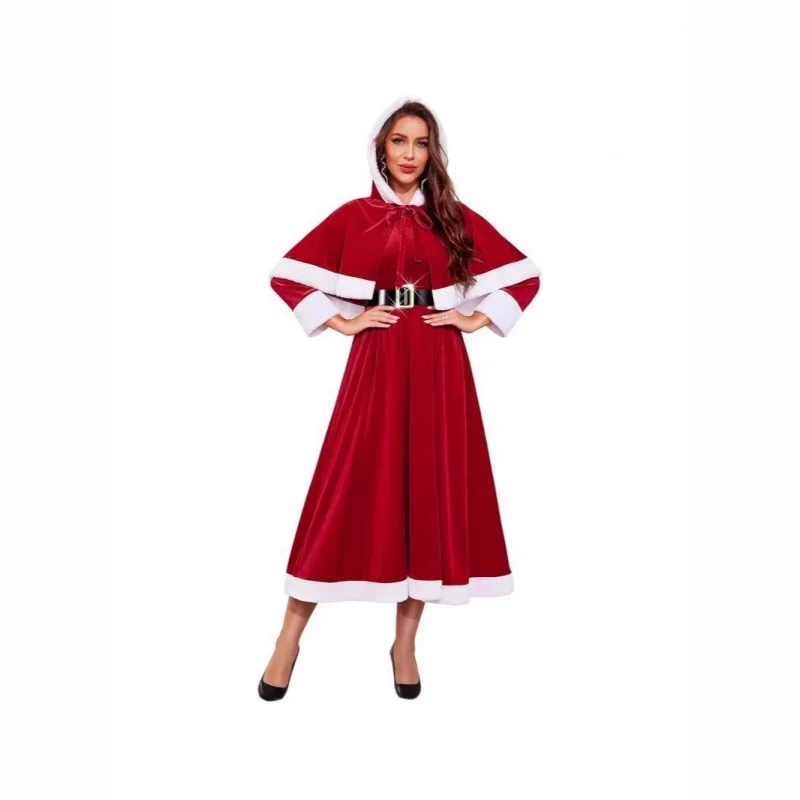 زي تنكري نسائي لعيد الميلاد للبالغين، فستان طويل بغطاء للرأس لحفلات العطلات، لون أحمر وأبيض مع حزام خصر