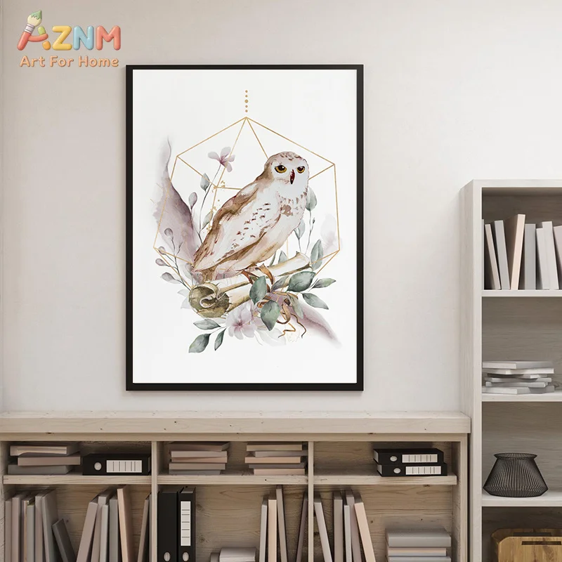 AZNM Unframed Canvas Print Magic Wizard Owl Floral Wall Art Witch Broom Nursery Home Decor Poster