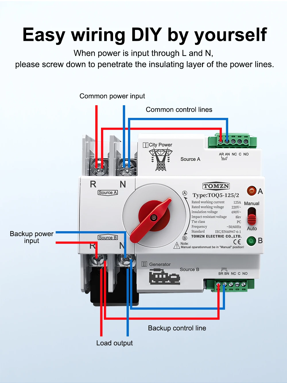 TOMZN Single Phase Din Rail ATS 220V Dual Power Automatic Transfer Electrical Selector Switches Uninterrupted 2P 63A 100A 125A
