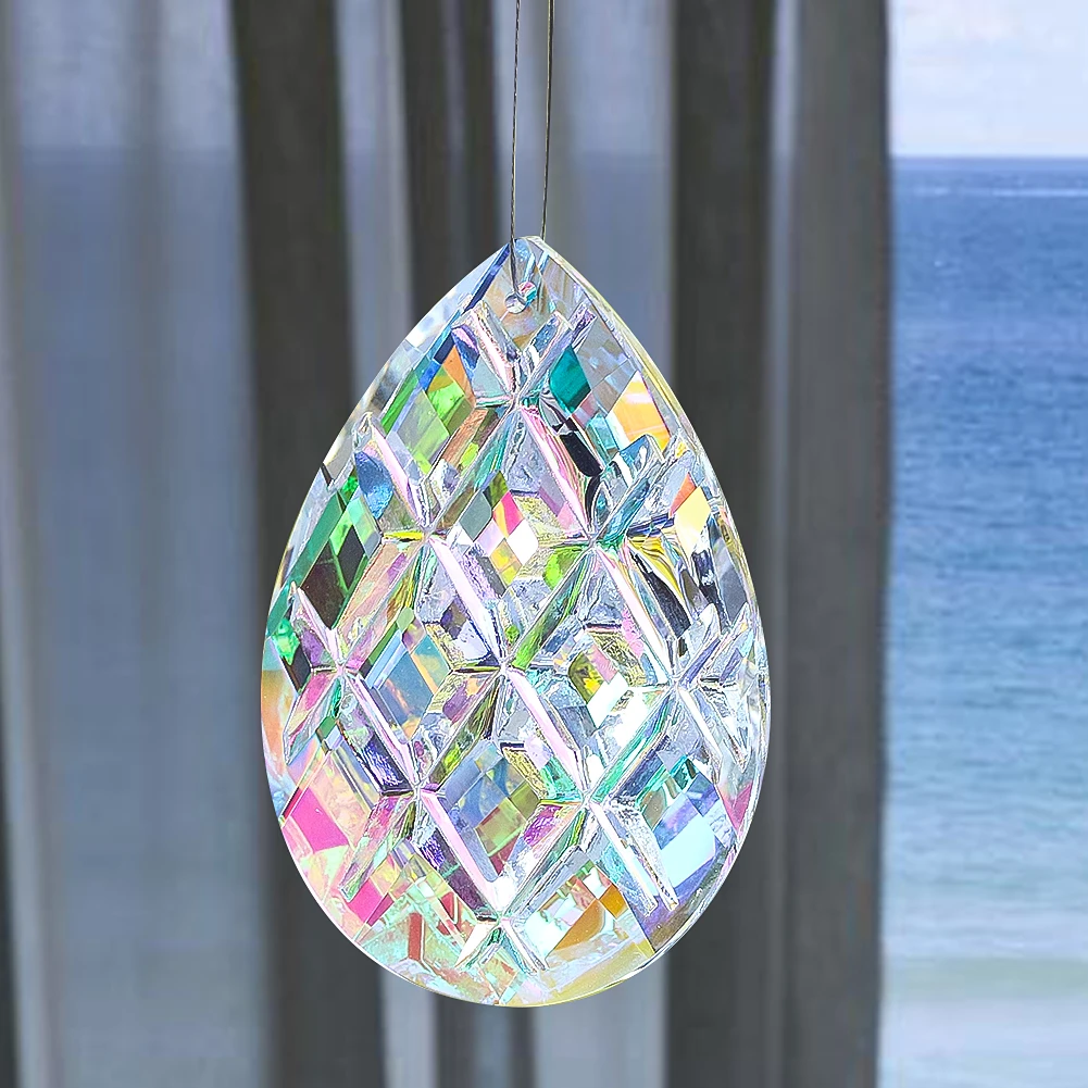 75mm 3D Faceted Grid Crystal Sun Catcher Hanging Decor Sunshine Lightcatcher Colorful Glass Prism Drop Rainbow Maker Car Pendant