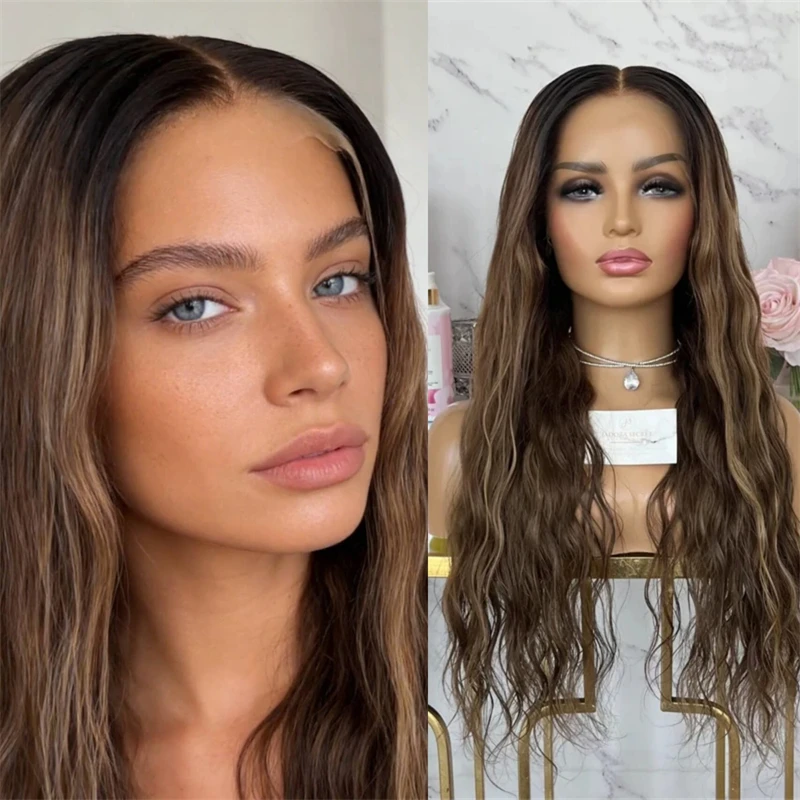 

Парик с HD-кружевом 13x4, омбре, коричнево-блонд, с предварительно выщипанной линией роста волос, мягкие волны, премиум-синтетика, с центральной разницей, размеры шапочки S-L