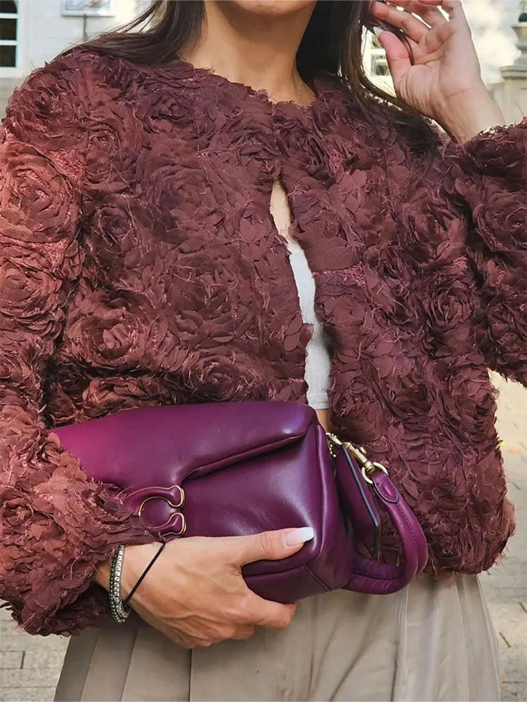 HH Women Fashion Flower Extured Cropped Jacket O Neck Long Sleeve Cardigan Coats Lady High Street Outerwear Chic Tops