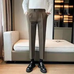 2023 Spring and Autumn Men's Solid Color Slim Fit Button Zipper Paris Button Casual Fashion Elegant Commuter Suit Pants
