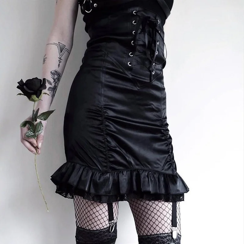 Ruffle Ins Patchwork Bandage Lace High Waist Mini Black Skirt Fashion Gothic Pleated Harajuku Aesthetic Punk Vintage Skirts 2026