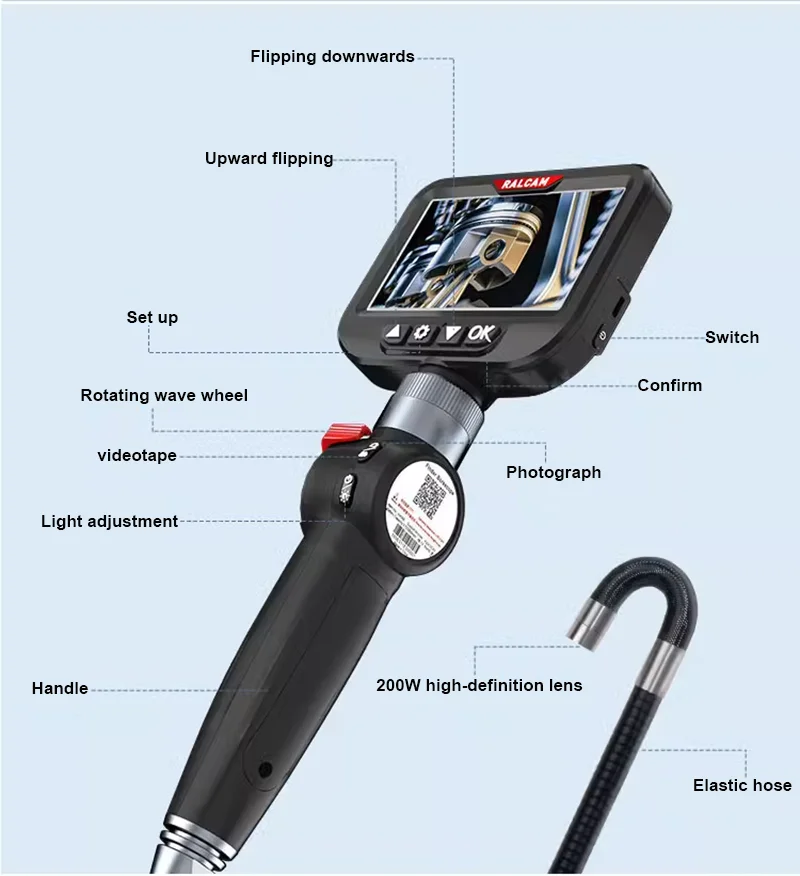 Il più nuovo endoscopio articolato da 6.2/8.5mm 2.0MP HD 4.3 "IPS LCD endoscopio telecamera di ispezione automobilistica con due vie per PC Android