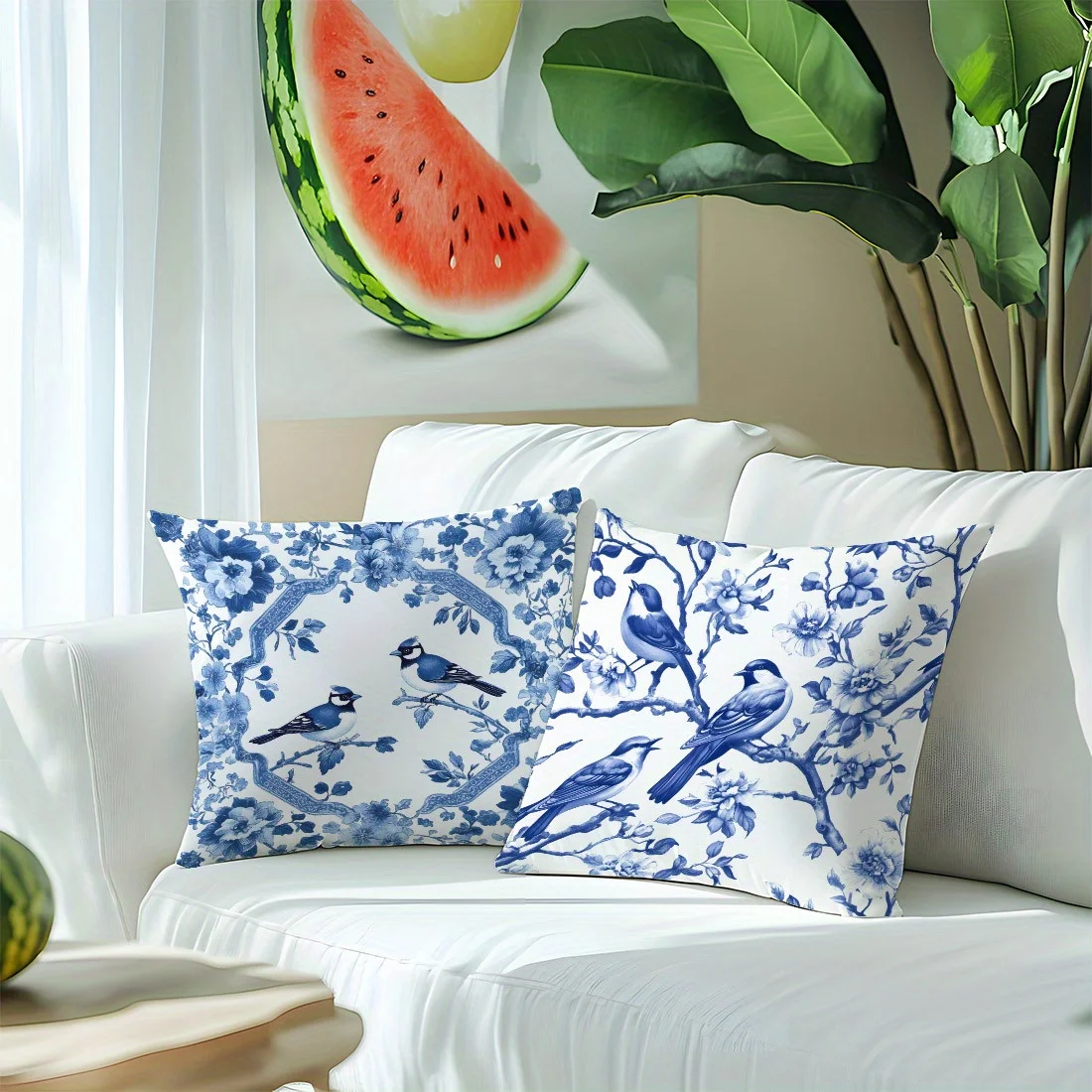 Juego  4 fundas  almohada estilo porcelana azul y blanco con estampado floral y  pájaros, (17.71in X 17.71in / 45cm X 45cm