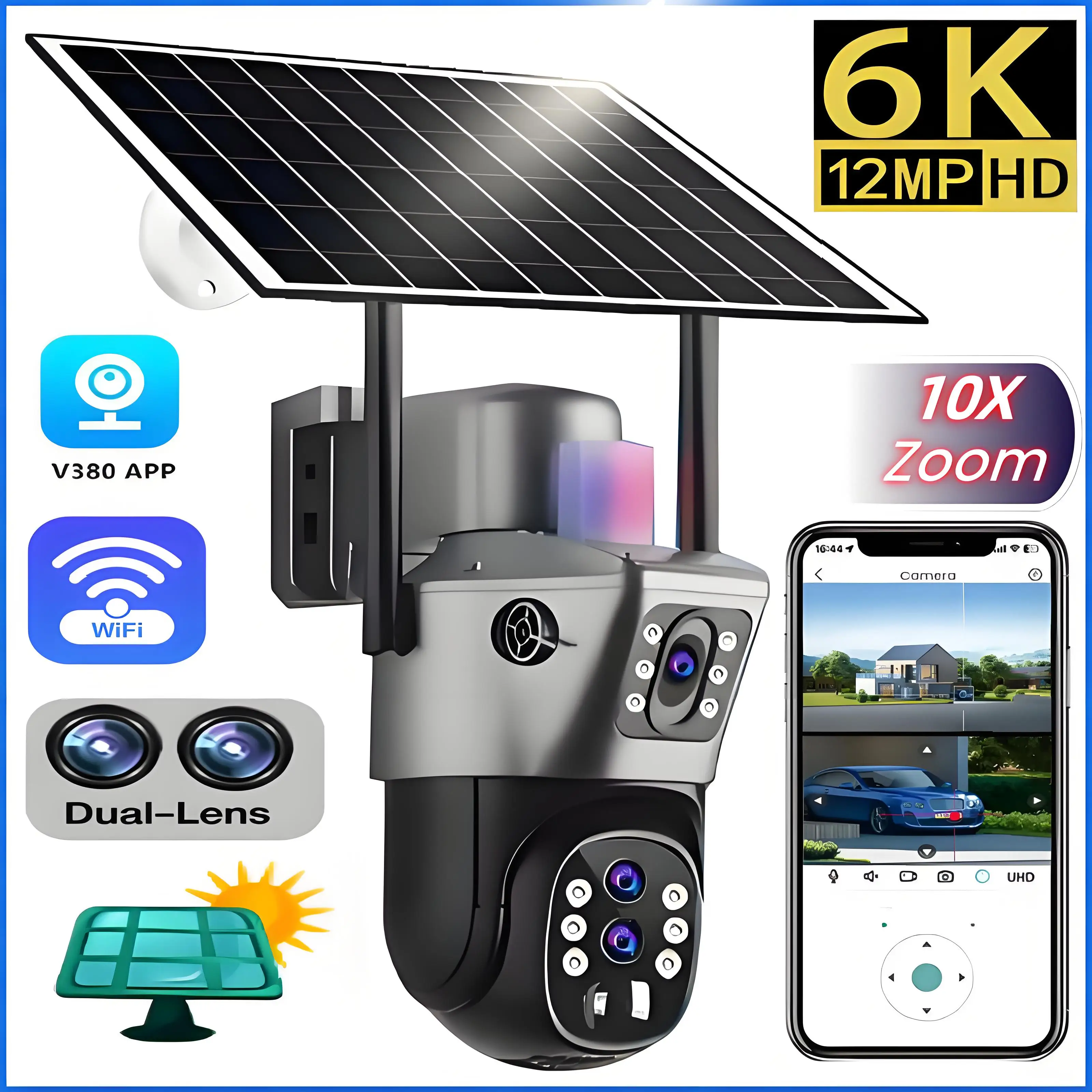 10X Zoom Wireless Outdoor WiFi Solar Camera 6K 12MP Dual Screen HD Color Night Vision PIR Auto Tracking PTZ IP Surveillance Cam