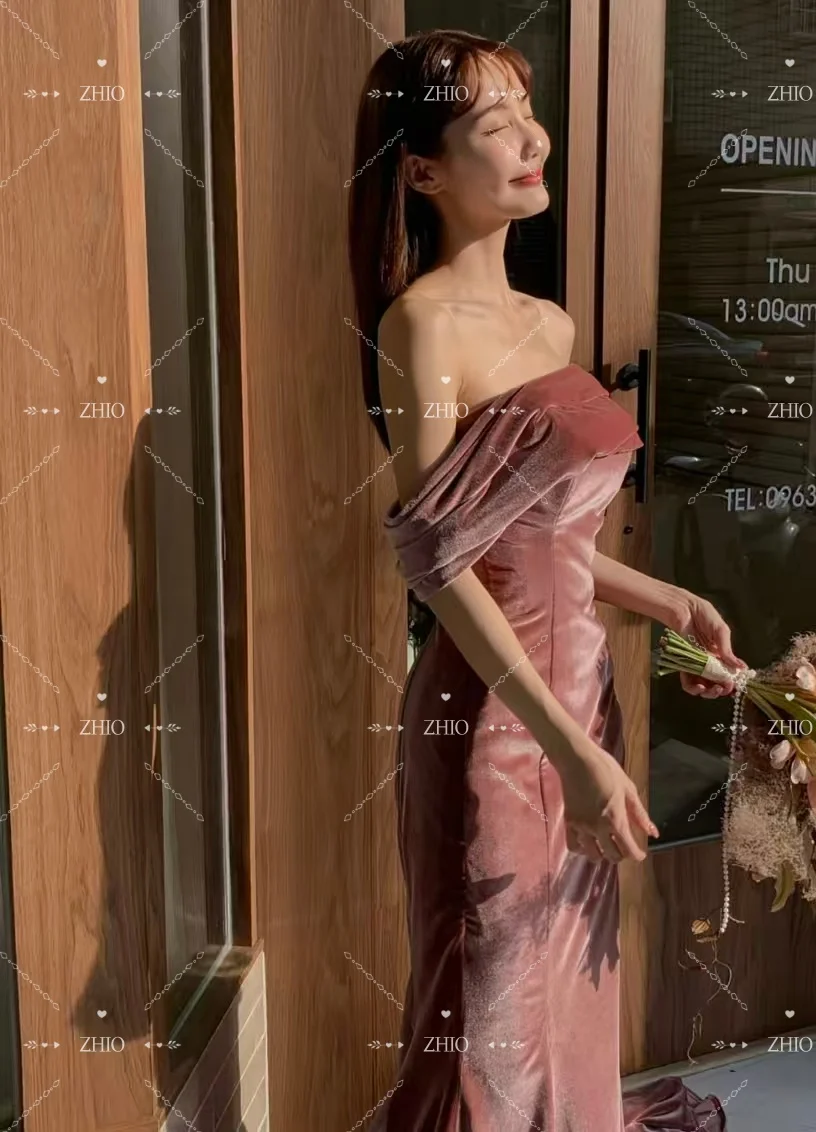 ZHIO Urocza Sukienka Ślubna z Aksamitu w Kolorze Różu, Sukienki Wieczorowe w Stylu Syreny, Sukienka na Sesję Zdjęciową, Suknia na Przyjęcie Weselne, Suknia Ślubna na Zamówienie 웨딩드레스