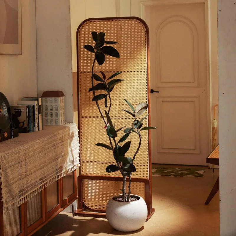 New Vintage Style Rattan Low Screen Partition Movable Entrance Divider Storage Shelf