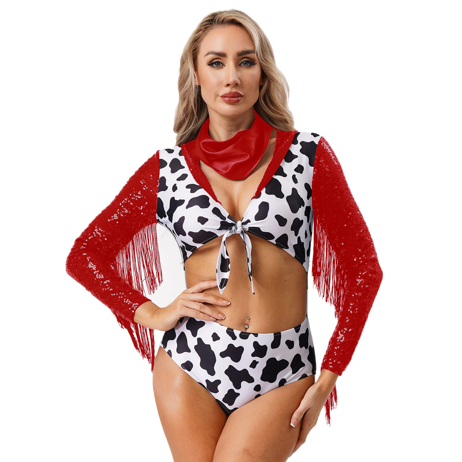 

Women Cow Print Cowgirl Halloween Theme Party Cosplay Costume Shiny Sequins Long Sleeves Bodysuit with Neck Scarf Hippie Outfits
