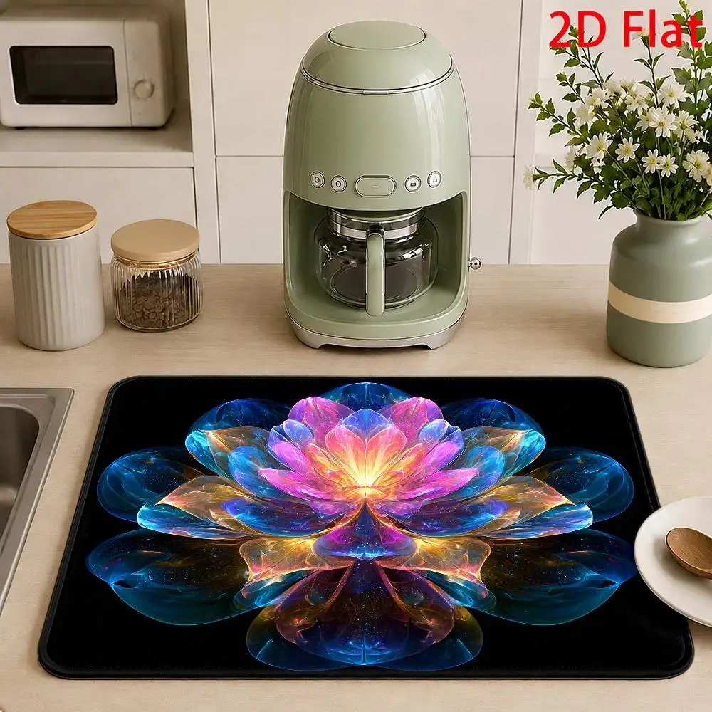 Super Absorbent Mat 2D Flat Glow Lotus Flower Cushion Dish Drying Pad Abstract Neon Galaxy Kitchen Countertop Carpet