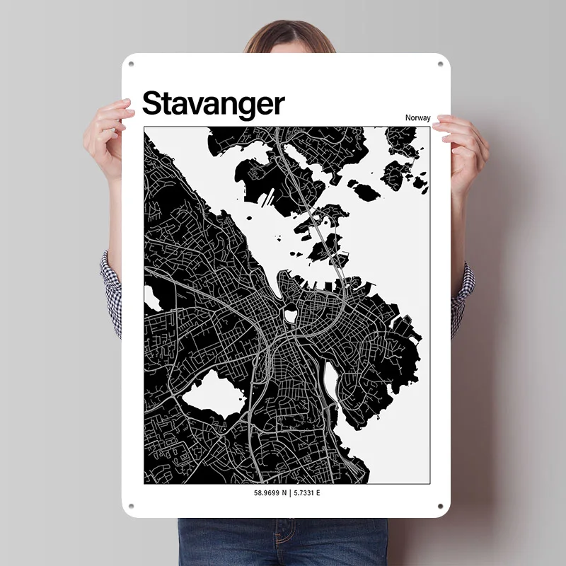 Stavanger Black and White Map Poster Customized Vintage Metal Signs Wall Art Retro Tin Plaque for Home Decor Accessories House