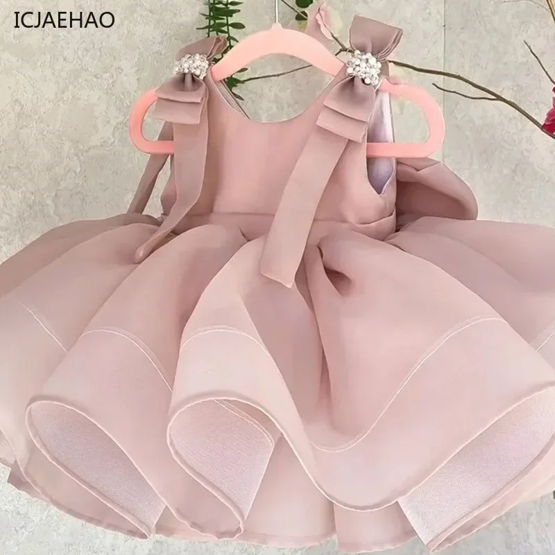 ICJAEHAO 2025 Girls One-Year-Old Party Gown Dresses Infant Kids Autumn New Elegan Princess Pink Satin Bow Pompous Yarn Clothes