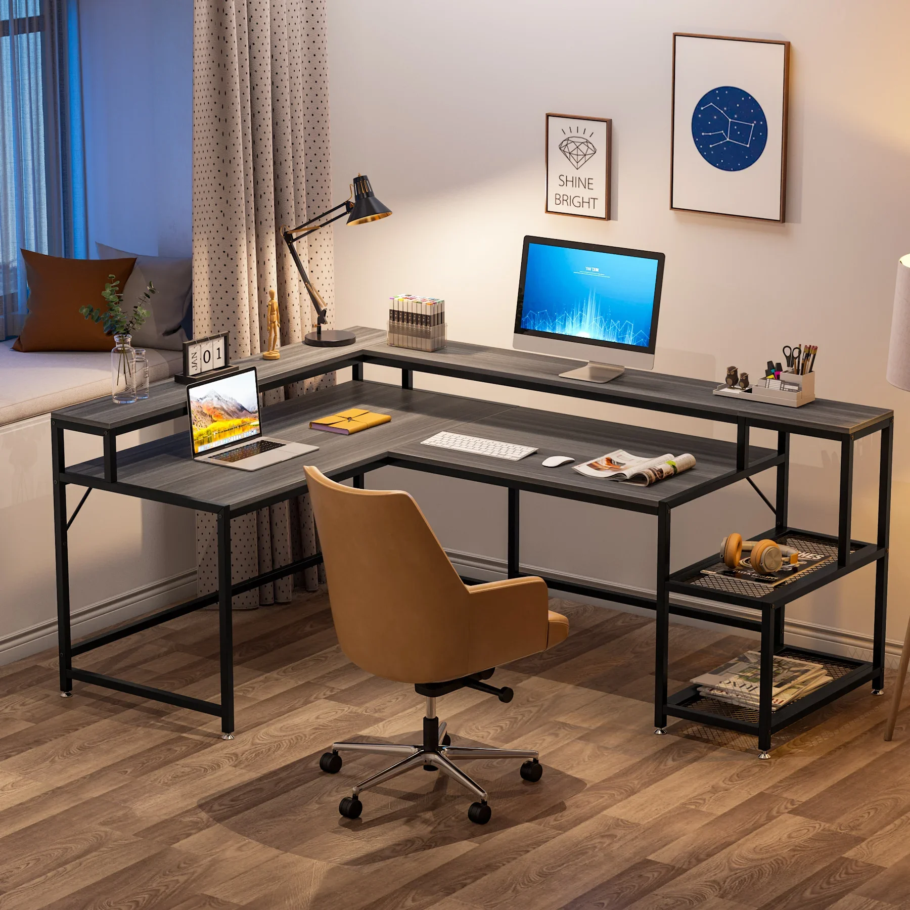 Tribesigns L Shaped Desk with Monitor Stand Large Reversible Gray Corner Desk with Storage Shelf Industrial Computer Table