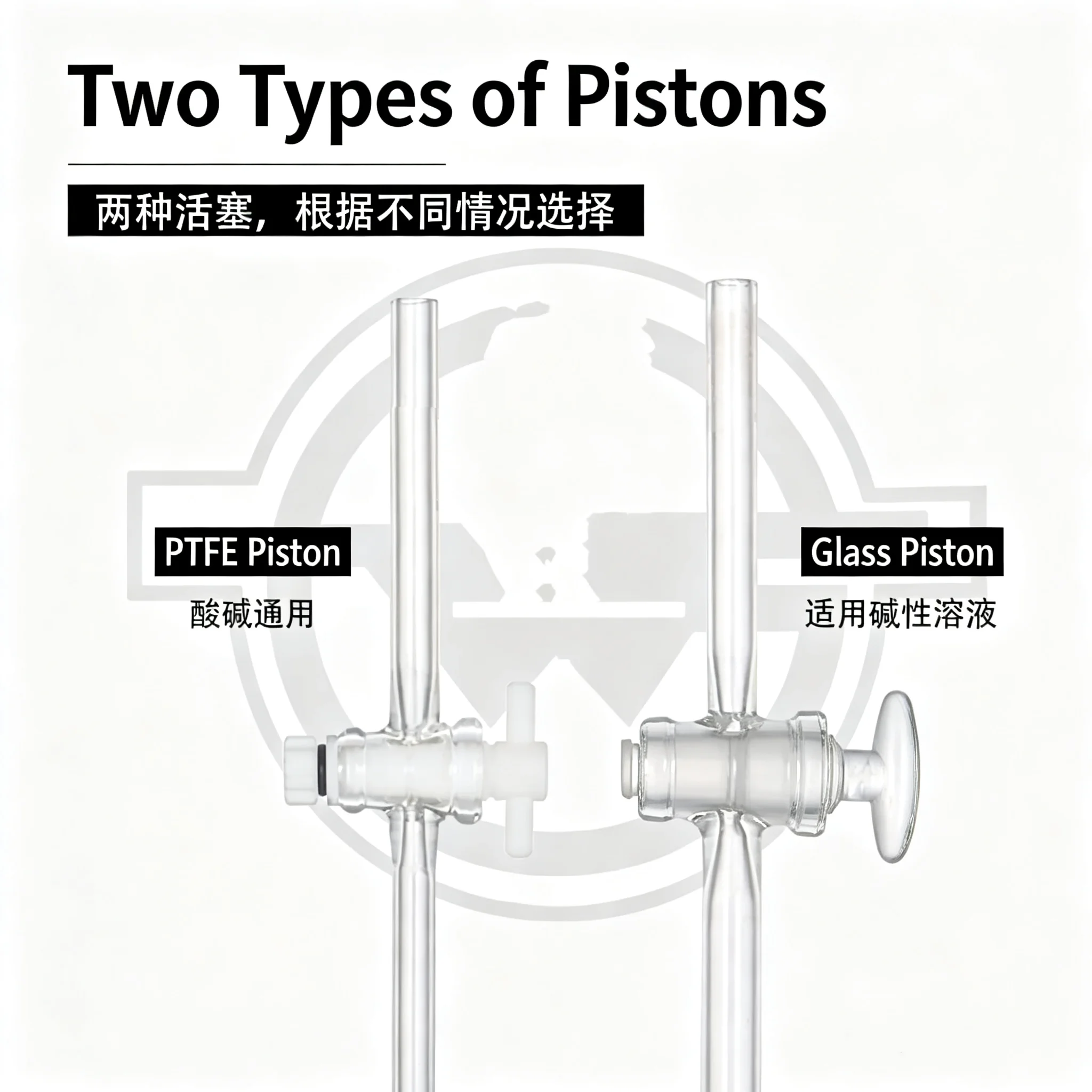 Straight-type two-way glass piston, two-way PTFE piston, single-valve joint connecting pipe