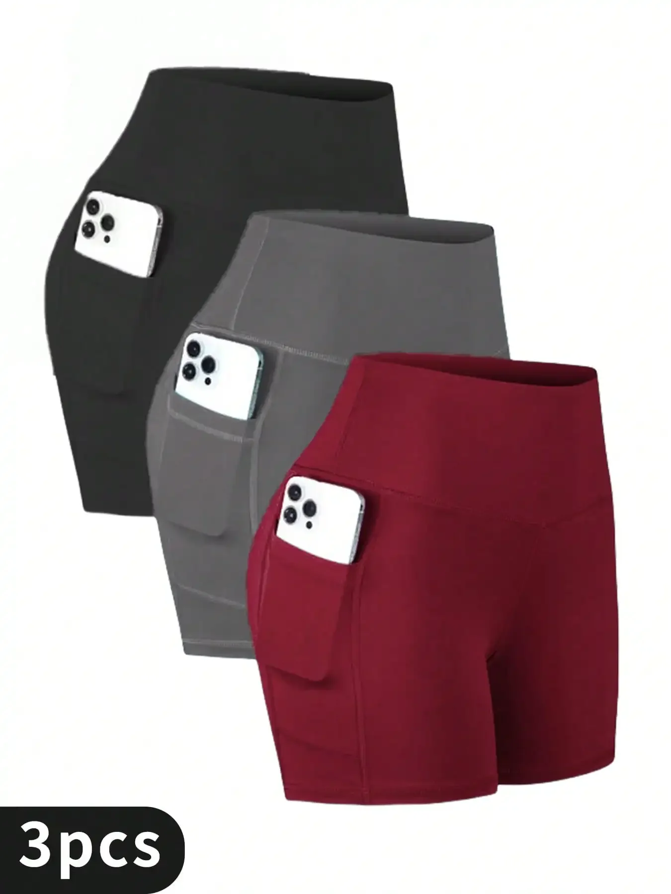 

3PCS Women's Sports Leggings Set, Women's Plus Solid Wide Waistband Tummy Control Yoga Biker Shorts With Phone Pockets S