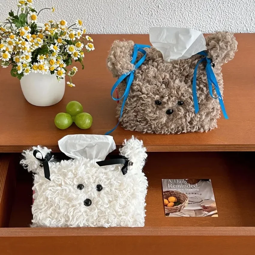 Cute Plush Dog Tissue Box Creative Drawing Paper Box Dormitory Women's Home Living Room Desktop Tissue Box
