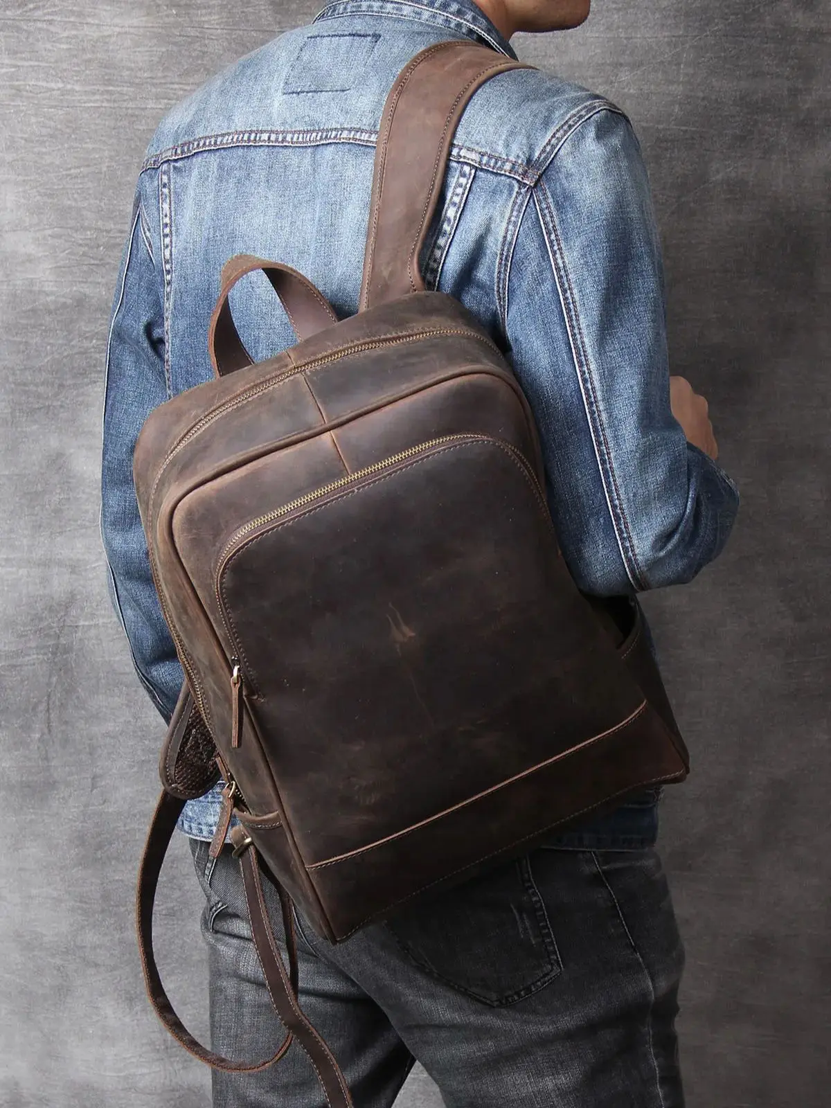S.WORKER Vintage Echtleder Herrenrucksack Laptop-Tasche Casual Crazy-Horse Leder Schultasche Outdoor Weekender-Tasche – Detail 4