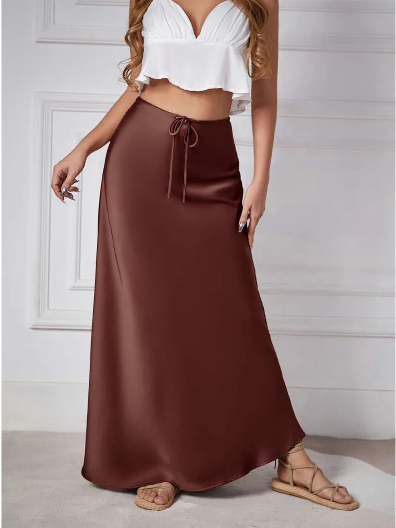 

New In 2025 Spring Summer Solid Color Satin Long Skirt For Women High Waist Lace-Up Fashion Elegant Faldas Long Skirts MQ1X