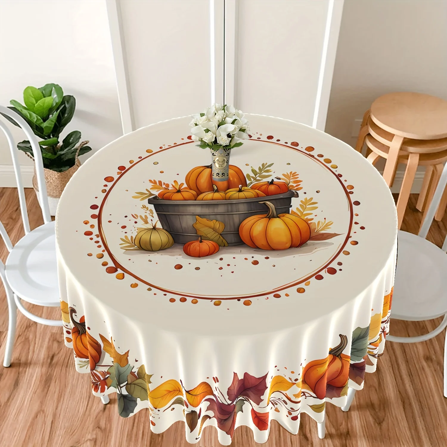 One high-quality 63-inch round tablecloth - Autumn pumpkin and maple leaf patternzyc