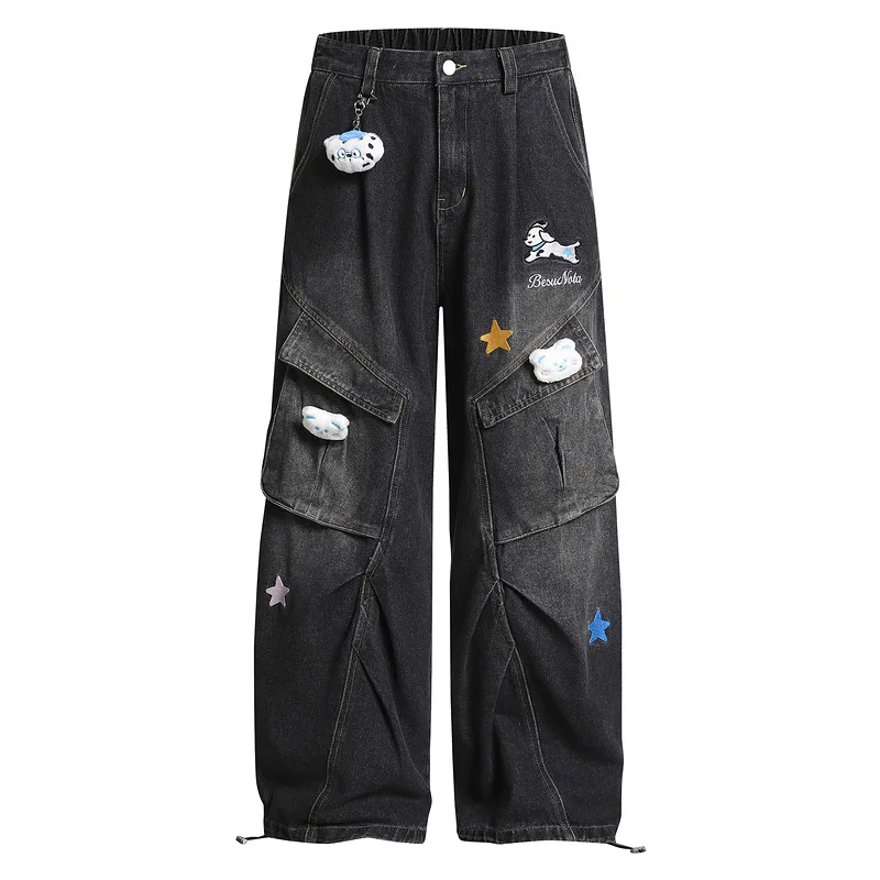 Hip Hop Streetwear Denim Trousers Men Puppy Embroidery Multi-pockets Denim Pants Men Casual Straight Wide Leg Pants Women