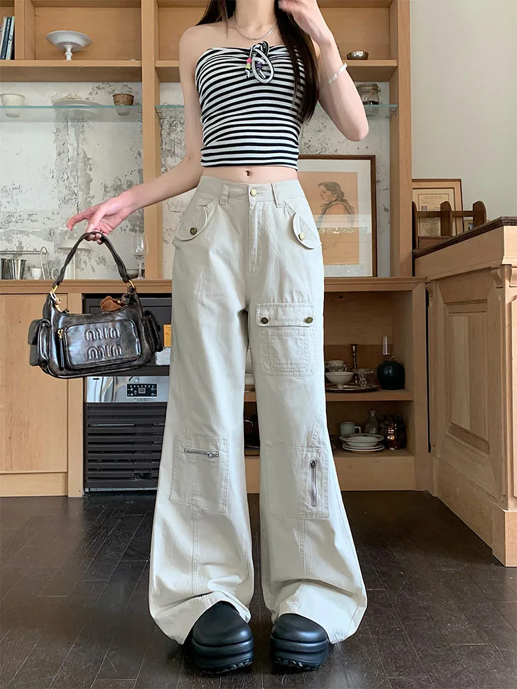 

Большие размеры, американские джинсы с колокольчиками, рабочая одежда, женские весенне-летние свободные джинсы с высокой талией, тонкие прямые широкие брюки длиной до пола...