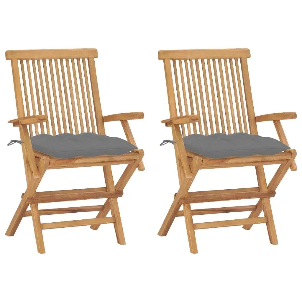 

Set of 2 Solid Teak Wood Patio Chairs with Gray Cushions - Outdoor Seating