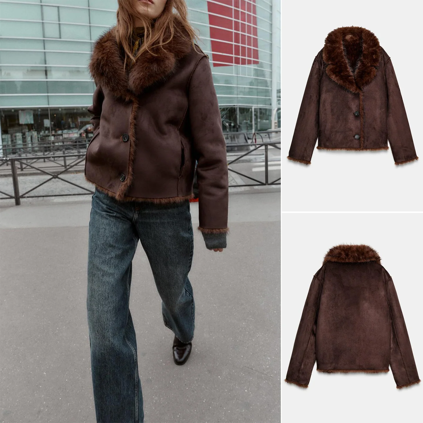 American Simple Sle Long col Sve Double face fourrure artificielle Jaet nouveau automne hiver femmes manteau chaud en Fiber de Polyester