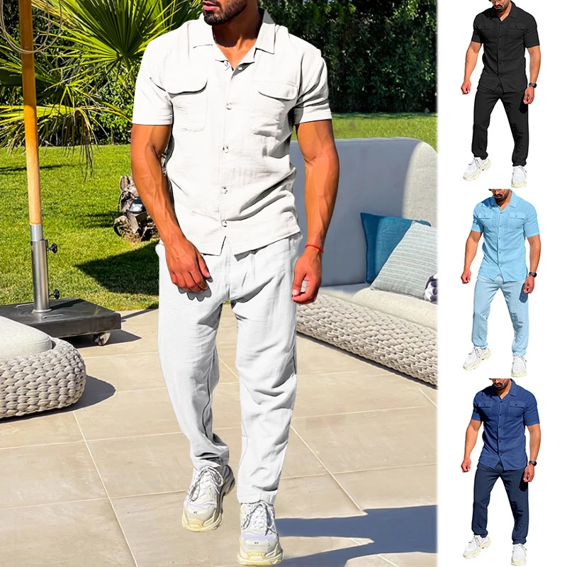 Tracksuit Men Clothing Breathable Cotton Linen Two Piece Outfits 2023 Solid Short Sleeve Button Shirt Top+Long Sweatpant Suit