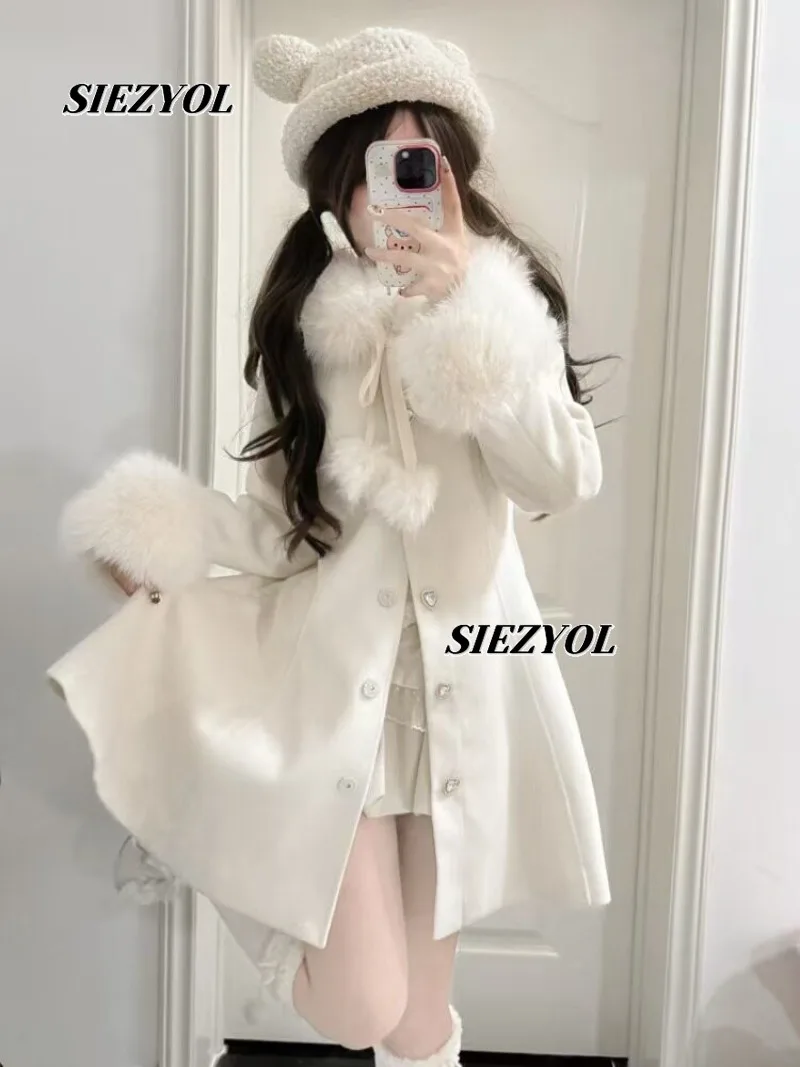 Winter New French Style Milk White Long Coat High Waist Sweet Cute Gentle Fluffy Thickened Single Breasted Woolen Overcoat