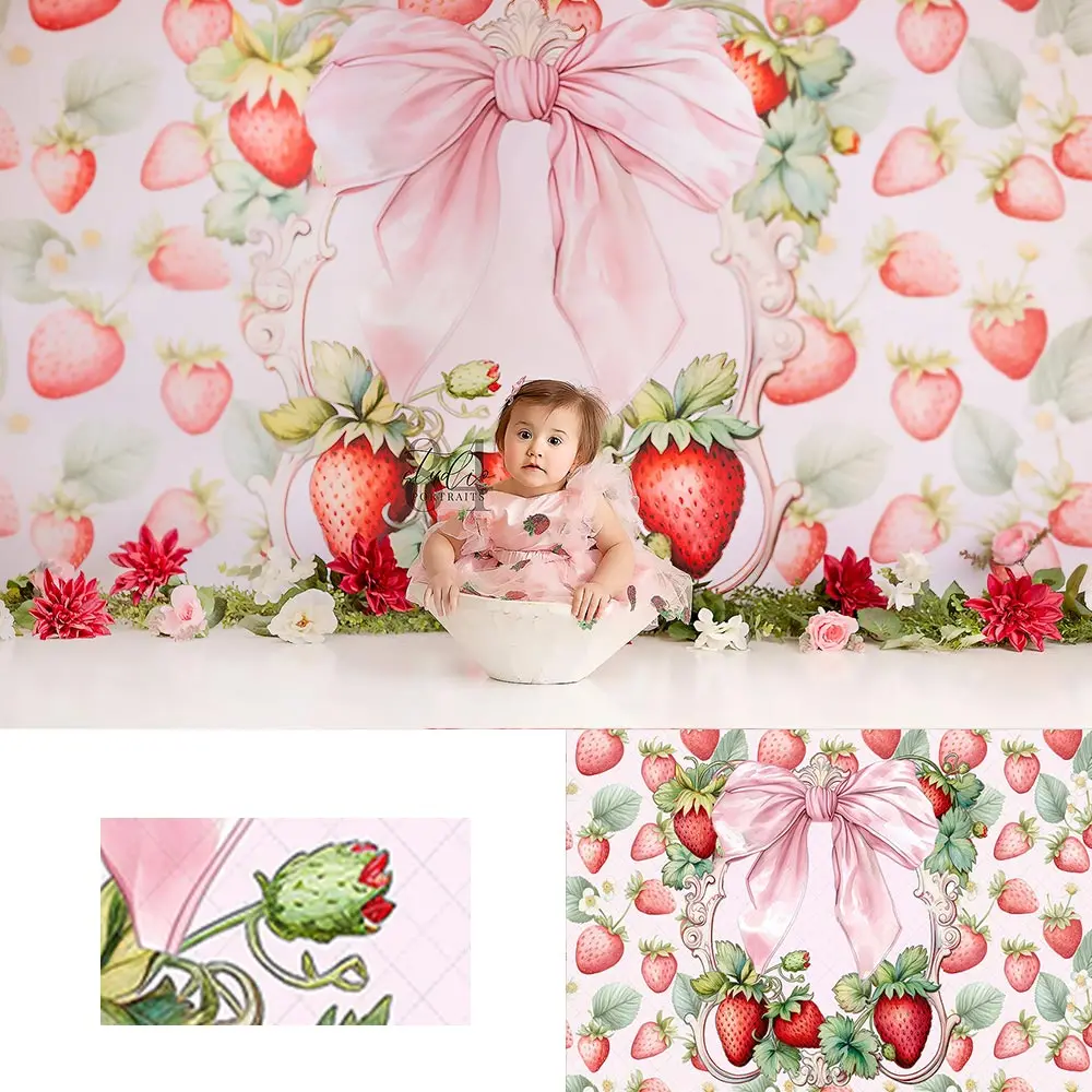 Strawberry Bow Photography Backdrop Kids Baby Cake Smash Photocall Props Child Girls Adult Birthday Party Backgrounds