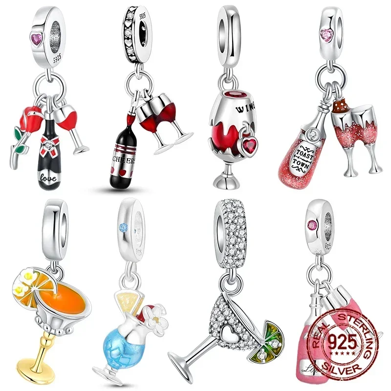 925 Sterling Silver Red Wine Bottle Donuts Beverage Cup Pendant Charms Beads Fit  Original Bracelets Fine DIY Jewelry