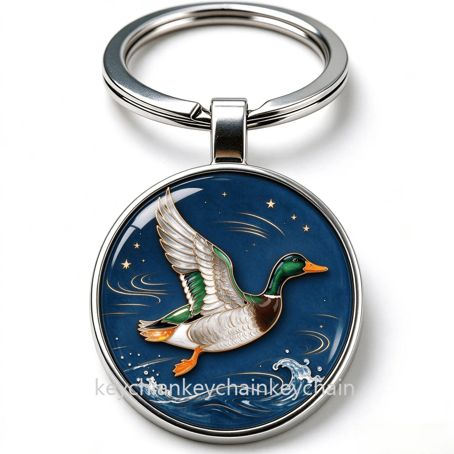 Mallard Duck Night Sky Ocean Wave Keychain Key Ring Animal Bag Charm Car Key Holder Gift for Men Women