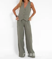 Summer Fashion Vest Two Piece Set Women Casual Button Sleeveless Vest Wide Leg Pants Two Piece Set Women