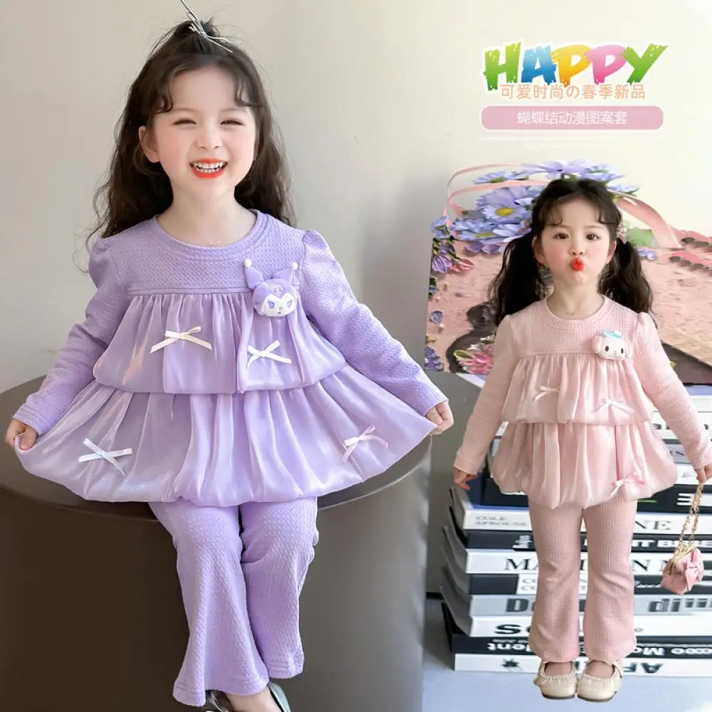 

Спортивные костюмы Sanrio для девочек, куртка Kuromi, брюки My Melody, толстовка, милый свободный пуловер в стиле принцессы, весенне-осенний комплект свитшотов