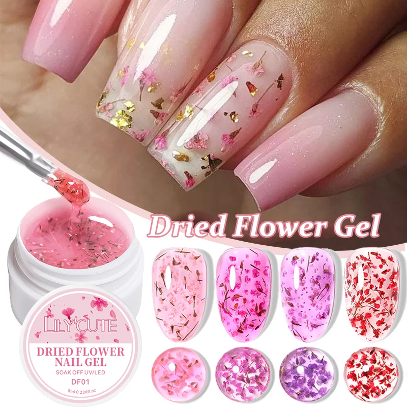 LILYCUTE 8ml Pink Dried Flower Gel Nail Polish Natural Flower Fairy Nail Art Gel Soak Off UV LED Painting Varnish For Nails DIY