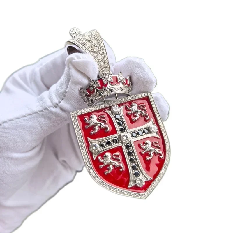 Hip Hop Premium Badge S925 Sterling Silver Full Moissanite Red Luminous Enamel Pendant