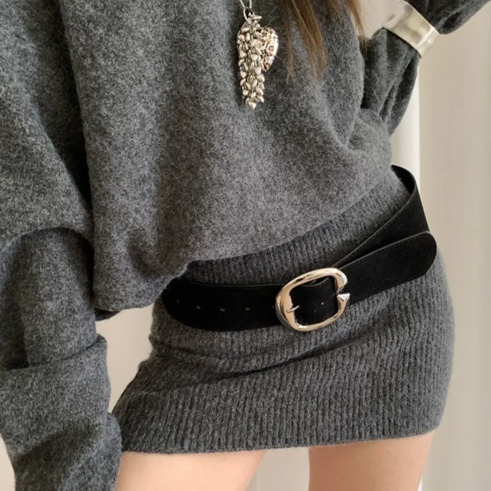 Functional Vintage Faux Suede Waist Belt Large Oval Buckle Coffee and Black Wide Waist Belt Soft Velvet Waistband Jeans