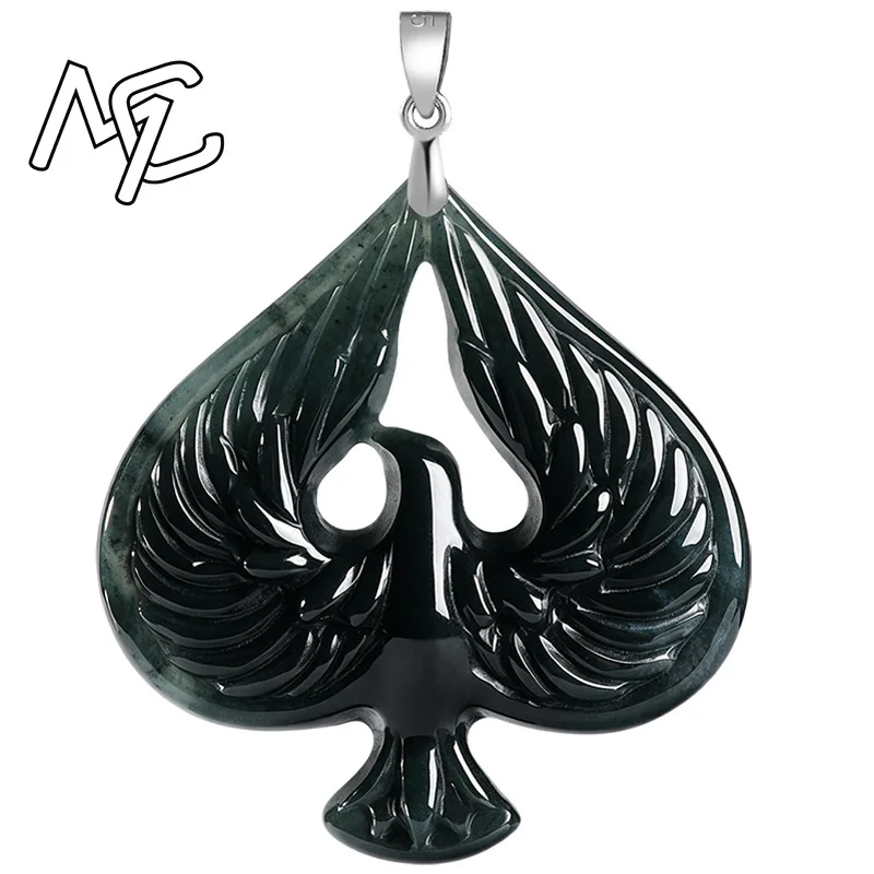 S925 Silver Natural Jade Black Chicken Color Spade Pendant Necklace Real Carved Charm Jadeite Jewelry Fashion Amulet Gifts Women view 5