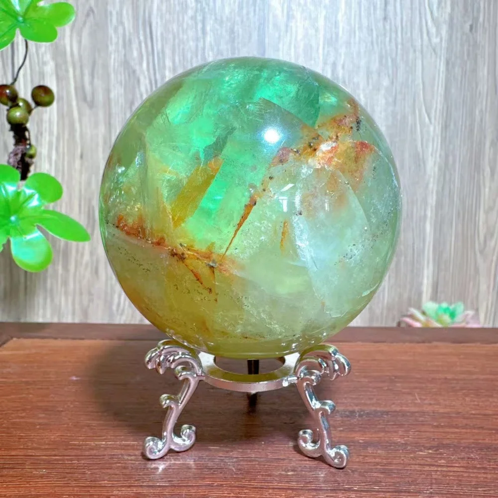 1PC Natural Unique Green Pyrite Golden Healer Fluorite Sphere Stone Healing Crystal Reiki Energy Home Decoration Gifts+Stand