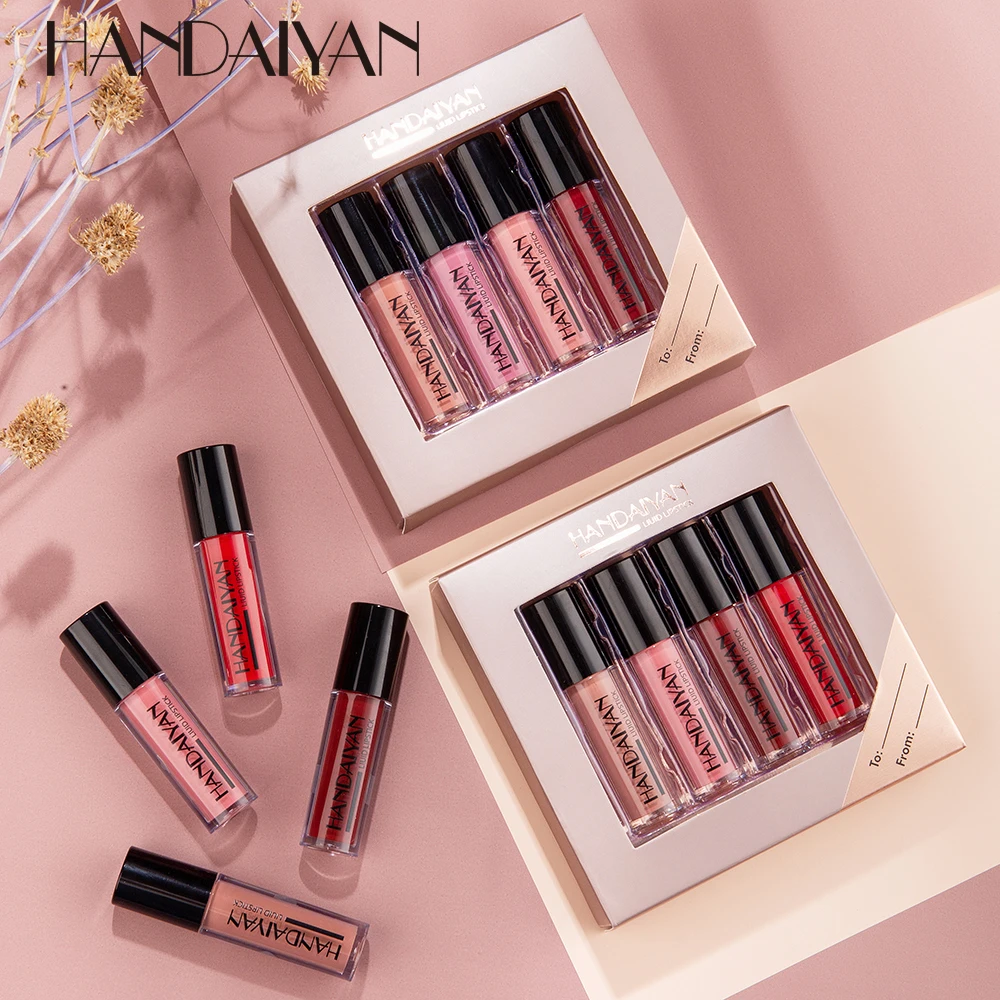 HANDAIYAN 4 Farben/box Matt Flüssigen Lippenstift Kit Frauen Make-Up Set Matt Lippenstift Lippen Make-up Kosmetik Farbton Lip glanz Wasserdicht