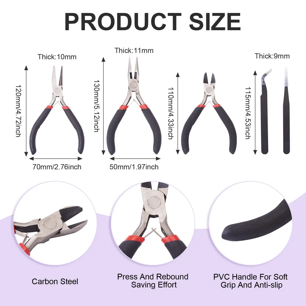 3pcs Jewelry Pliers With Tweezers Black Carbon Steel Wire Cutters Wire Wrapping Round Nose Jewelry Making Tool