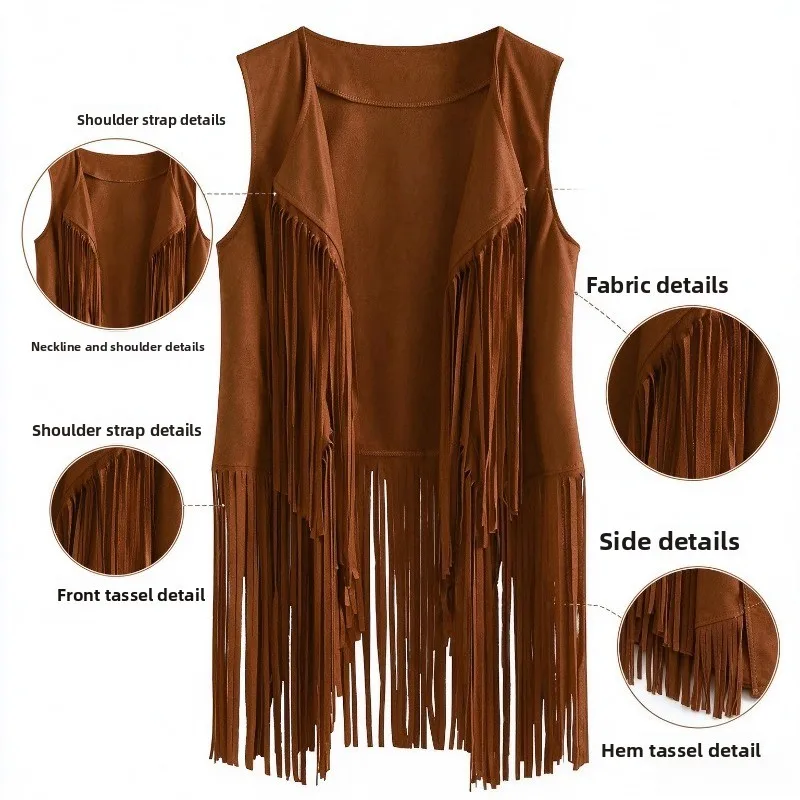 Women Sleeveless Fringe Vest Open Front Faux Suede Waistcoat for Western Cowgirl Halloween Fancy Dress Cosplay Outfit