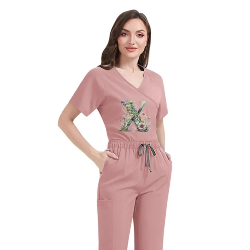 

Thin Quick-Dry Tie-Back Scrubs Set Women Custom Print Short Sleeve Pants Beauty Salon Maternity Center Nurse Uniform