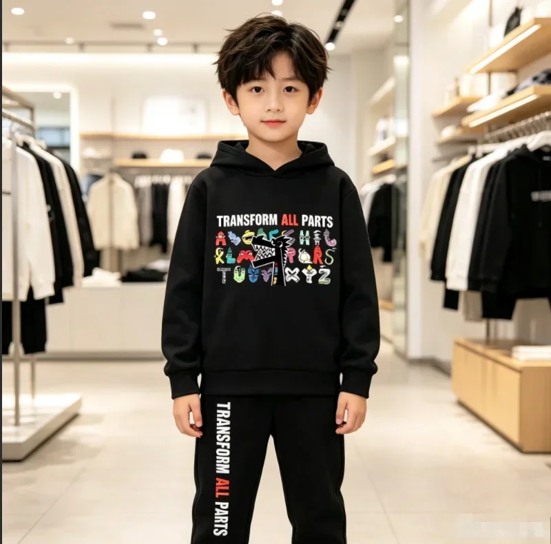 Kids Boys 2‑Piece Tracksuit, Letter Robot Print Hoodie & Pants Set, Autumn Casual Sports Children Outfit
