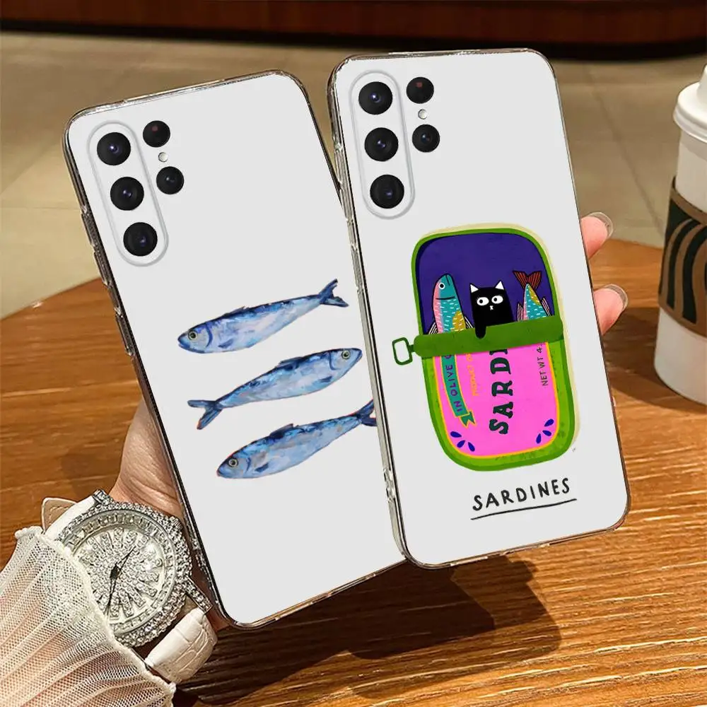 

Fish Funny Sardines Phone Case For Samsung S24,30,21,22,23,20 FE,lite,PIus,Ultra,5G,Note,9,10 Transparent Cover