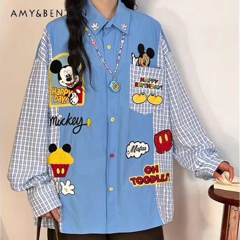 

American Retro Cartoon Plaid Long-sleeved Shirt Women's New Spring Style Loose Casual College-style Top Single-breasted Blouse